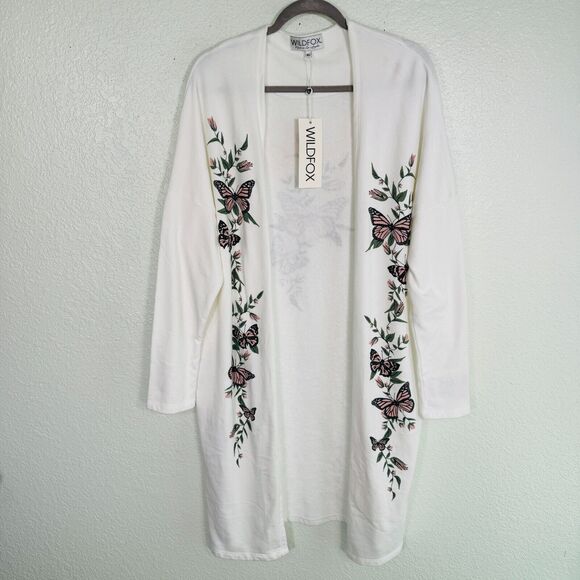 Wildfox Cardigan Womens Extra Large Bride Butterfly Floral Long Sweater White XL - Picture 3 of 13
